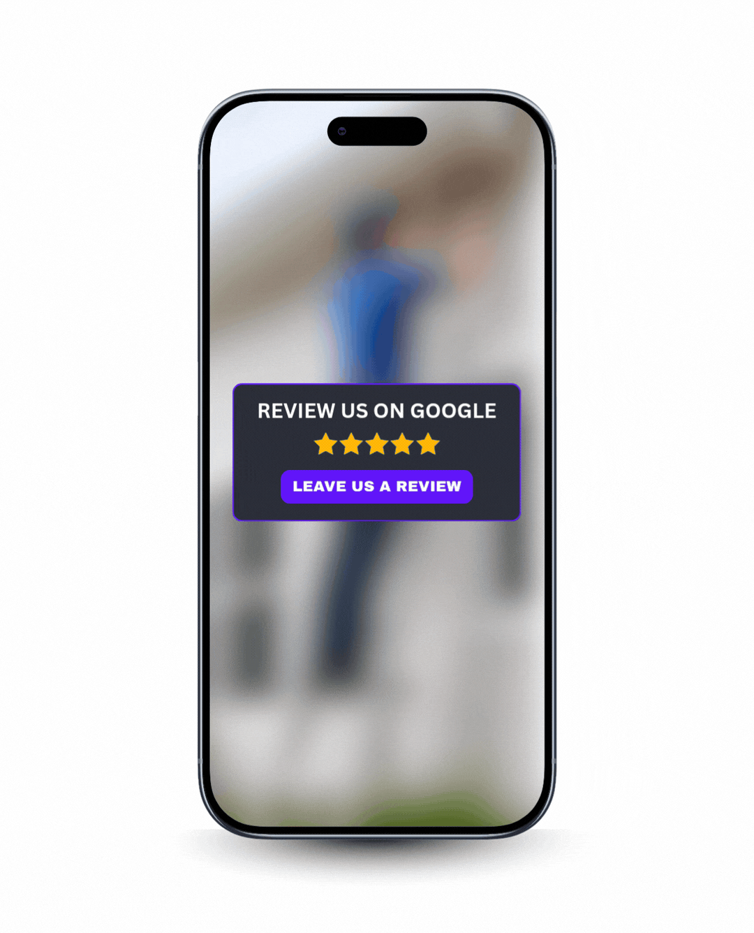 Animated 5-star review request sequence on a phone