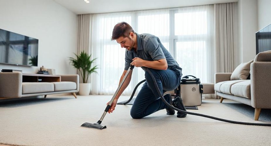 Carpet-cleaning technician working in a living room