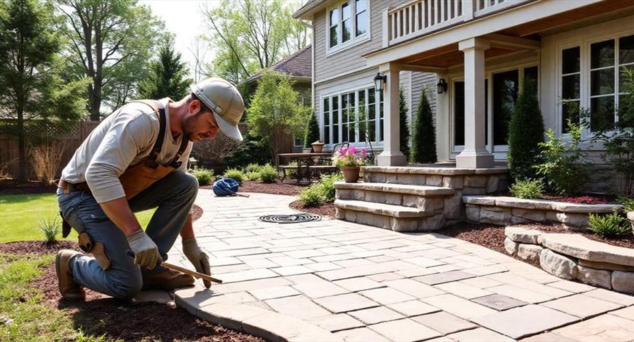 Contractor installing stone pavers for a backyard patio