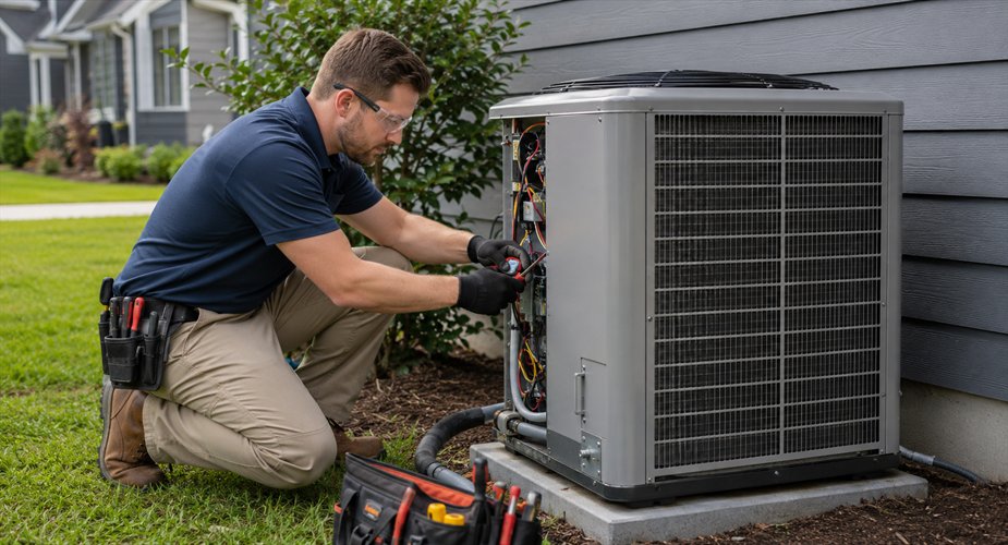 HVAC technician servicing an outdoor air-conditioning unit