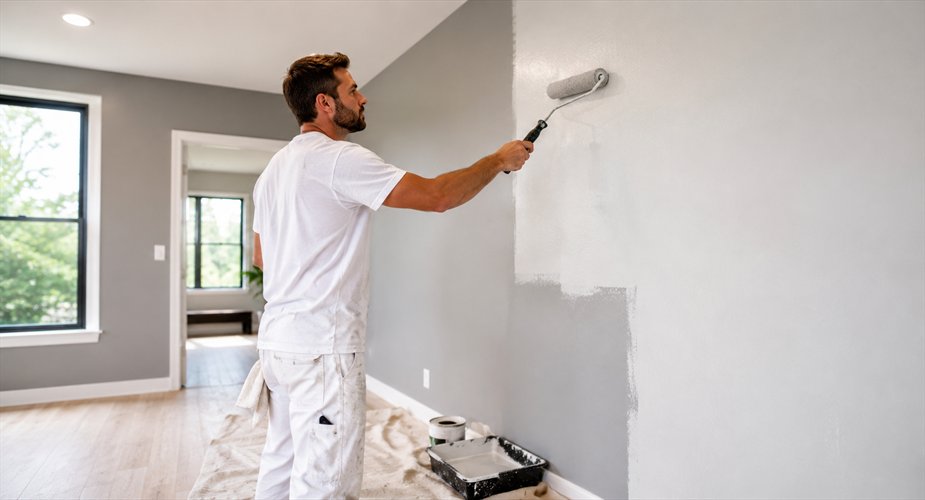Professional painter applying paint to an interior wall