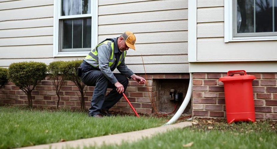Pest-control technician inspecting a home's foundation