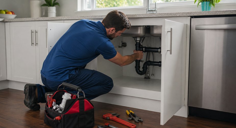 Plumber repairing pipes beneath a kitchen sink