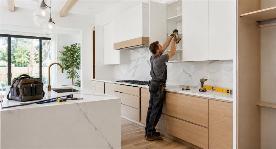 Contractor remodeling a modern residential kitchen