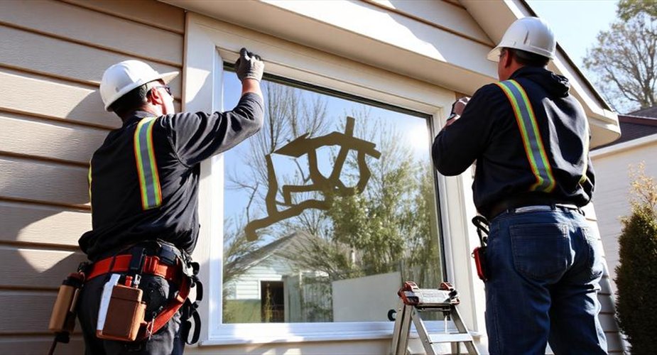 Contractors installing a residential window